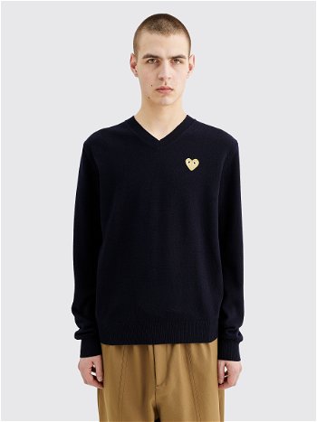Comme des Garçons Play Small Heart Knitted V-Neck Pullover Navy P1N048
